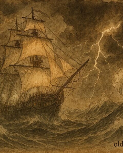 Parchment-style artwork of the Flying Dutchman ghost ship in a storm, Dutch maritime legend.
