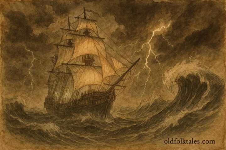 Parchment-style artwork of the Flying Dutchman ghost ship in a storm, Dutch maritime legend.
