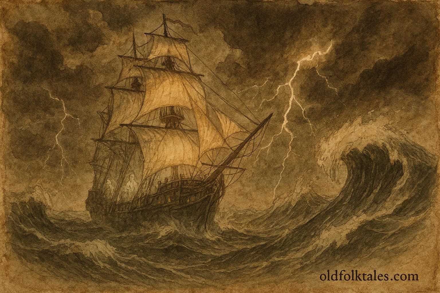 Parchment-style artwork of the Flying Dutchman ghost ship in a storm, Dutch maritime legend.