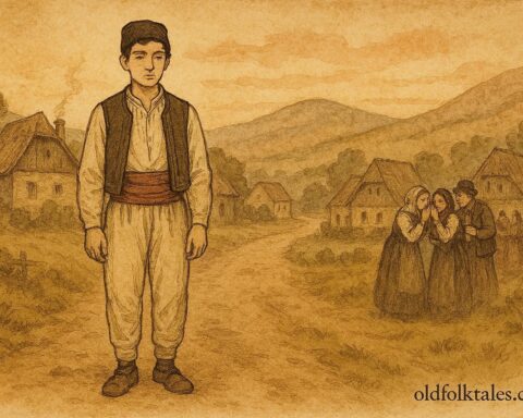 An illustration of a humble Serbian village fool on a rural road, Serbian folktale scene.