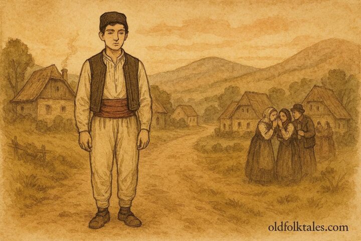 An illustration of a humble Serbian village fool on a rural road, Serbian folktale scene.