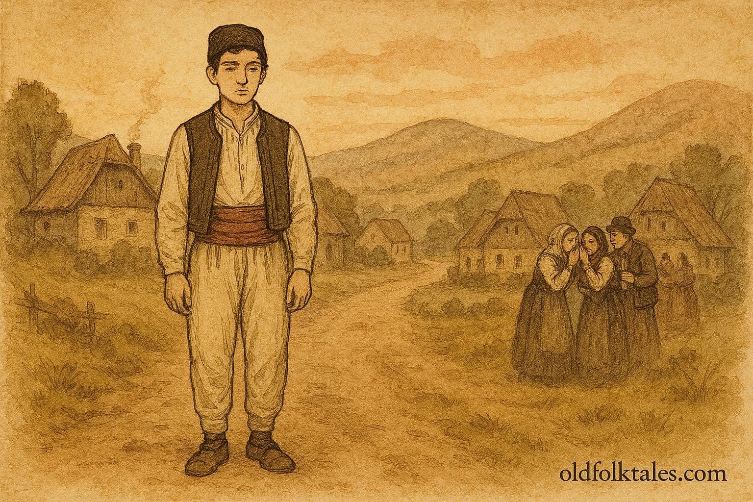 An illustration of a humble Serbian village fool on a rural road, Serbian folktale scene.