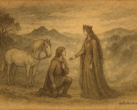 Parchment-style illustration of Thomas the Rhymer meeting the Queen of Elfland, Scottish folktale scene.