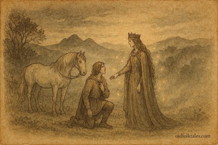 Parchment-style illustration of Thomas the Rhymer meeting the Queen of Elfland, Scottish folktale scene.