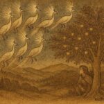 Parchment-style illustration of magical peahens and a golden apple tree, Bulgarian folktale scene.