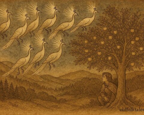 Parchment-style illustration of magical peahens and a golden apple tree, Bulgarian folktale scene.
