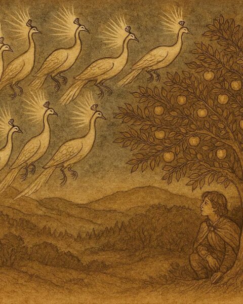 Parchment-style illustration of magical peahens and a golden apple tree, Bulgarian folktale scene.
