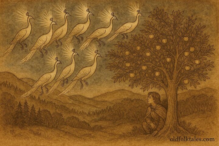 Parchment-style illustration of magical peahens and a golden apple tree, Bulgarian folktale scene.