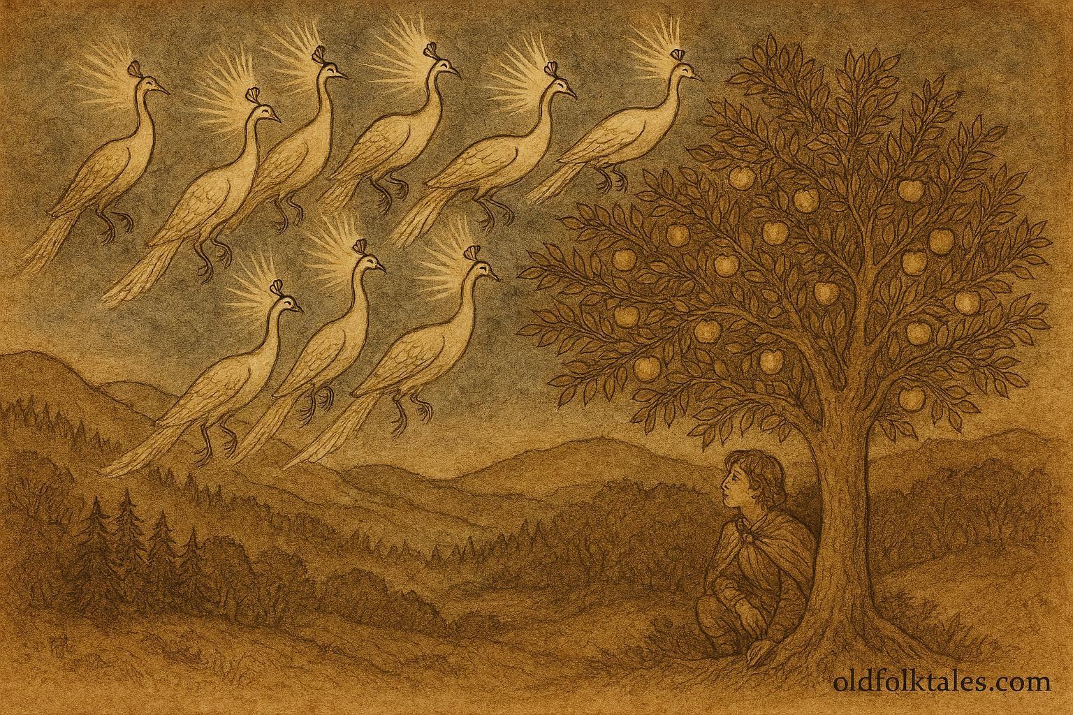 Parchment-style illustration of magical peahens and a golden apple tree, Bulgarian folktale scene.
