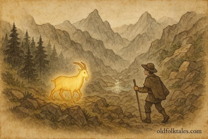 Parchment-style illustration of Tiago following the glowing Golden Goat, Portuguese folktale scene.
