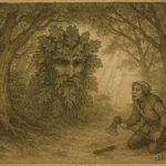 Parchment-style illustration of the Green Man confronting a woodcutter in an English medieval forest.