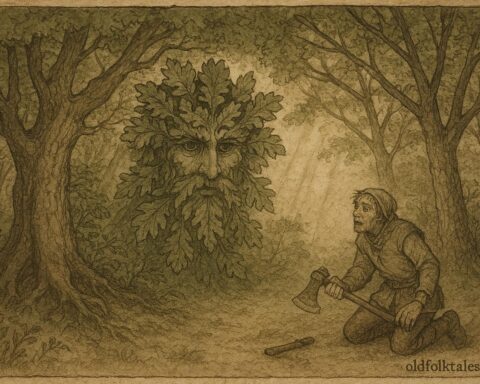 Parchment-style illustration of the Green Man confronting a woodcutter in an English medieval forest.