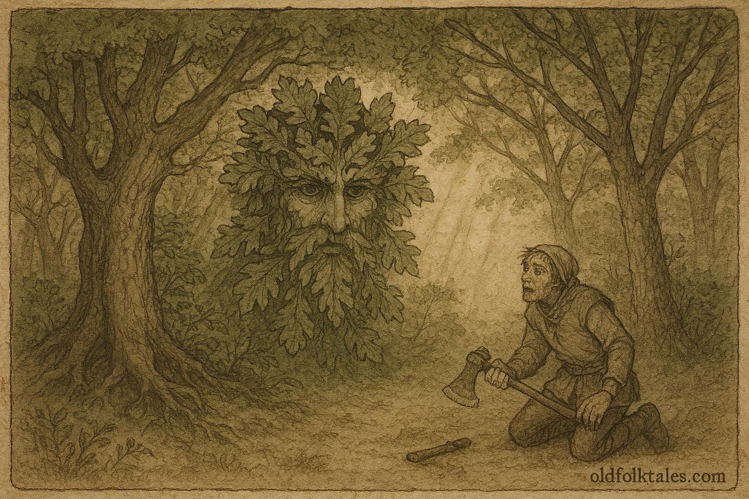 Parchment-style illustration of the Green Man confronting a woodcutter in an English medieval forest.