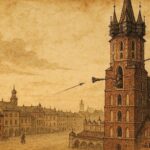 An artwork of Kraków trumpeter struck mid-call, Polish historical folktale scene.