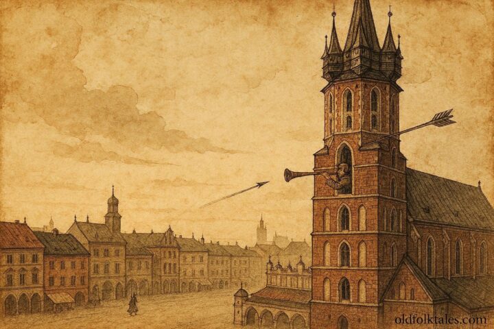 An artwork of Kraków trumpeter struck mid-call, Polish historical folktale scene.