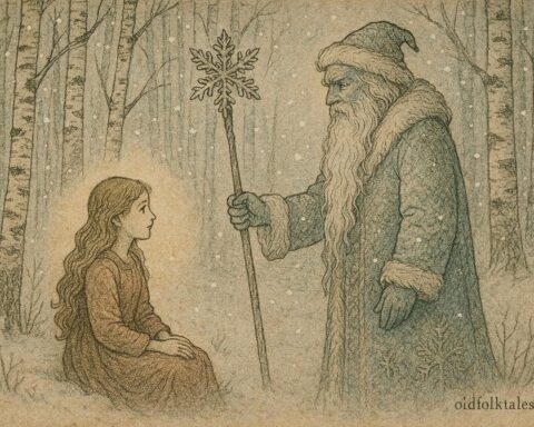 Parchment-style artwork of a girl meeting Dzied Maroz in a snowy Belarusian forest.