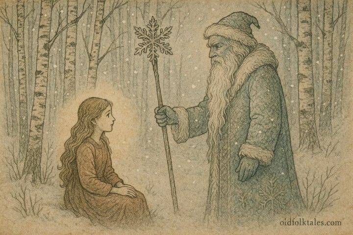 Parchment-style artwork of a girl meeting Dzied Maroz in a snowy Belarusian forest.