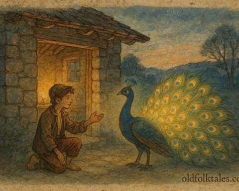 Parchment-style illustration of a peacock king visiting a poor youth, Italian folktale scene.
