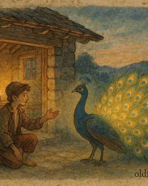 Parchment-style illustration of a peacock king visiting a poor youth, Italian folktale scene.