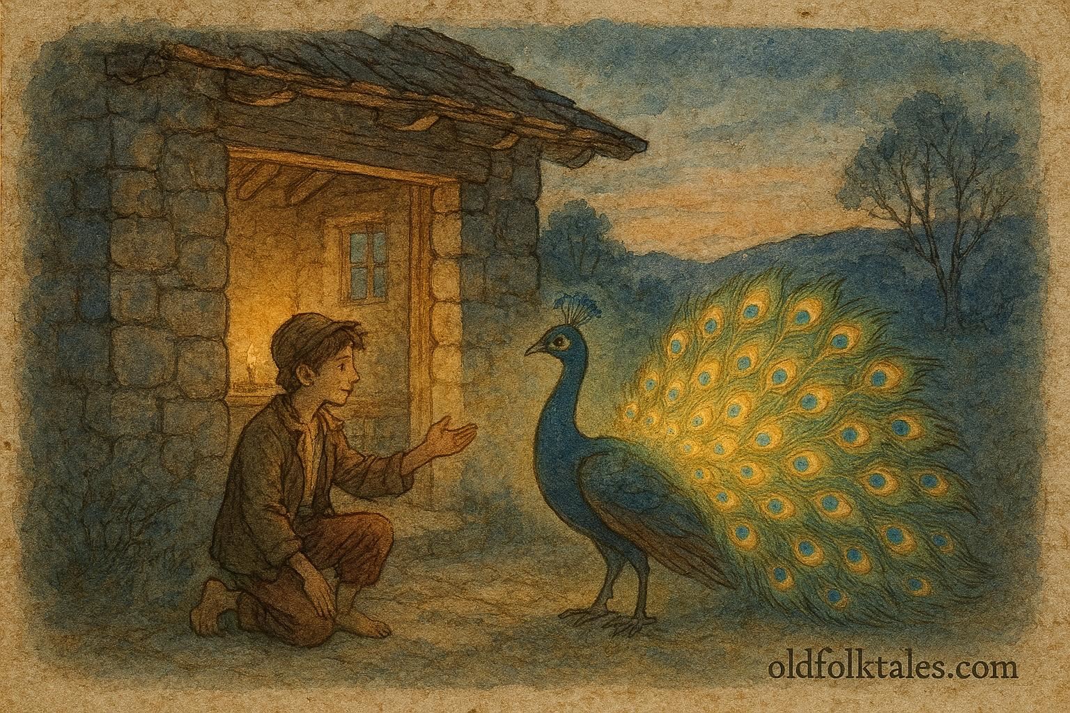 Parchment-style illustration of a peacock king visiting a poor youth, Italian folktale scene.