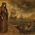 Parchment-style illustration of the Lady of Stavoren by the harbor, grain thrown into the sea.