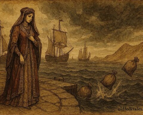 Parchment-style illustration of the Lady of Stavoren by the harbor, grain thrown into the sea.