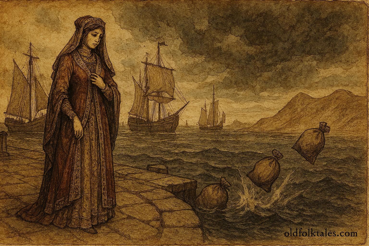 Parchment-style illustration of the Lady of Stavoren by the harbor, grain thrown into the sea.