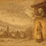 An illustration of Frau Holle shaking featherbeds, German folktale winter scene.