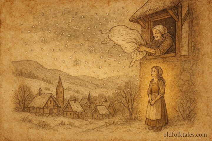 An illustration of Frau Holle shaking featherbeds, German folktale winter scene.