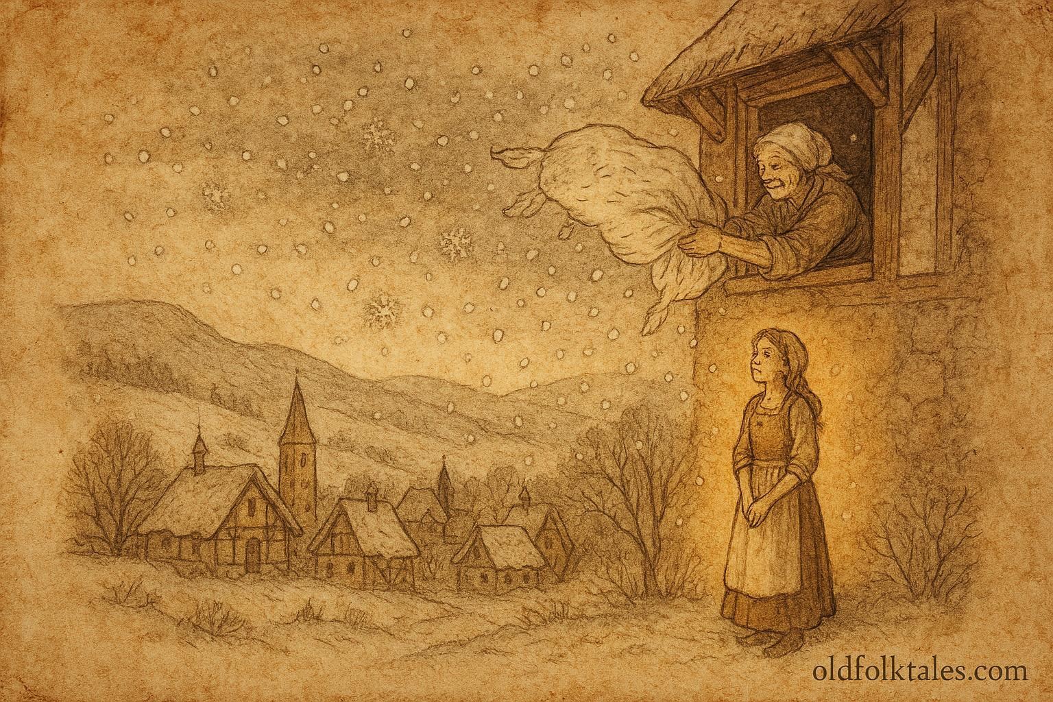 An illustration of Frau Holle shaking featherbeds, German folktale winter scene.