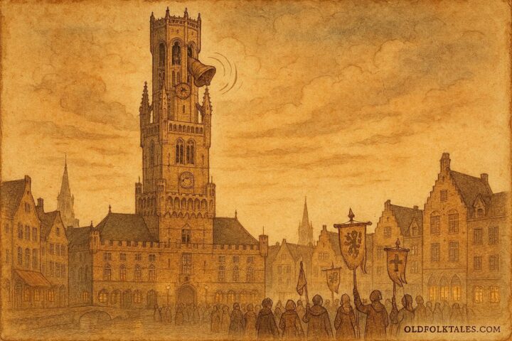 Parchment-style artwork of the Bell of Bruges ringing above medieval Flemish city.