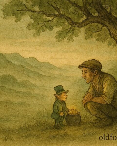 Parchment-style illustration of Seamus and the leprechaun with a pot of gold, Irish folktale scene.