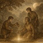 An illustration of two brothers using magical waters to heal their father, Serbian folktale scene.