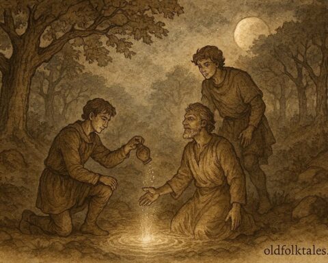 An illustration of two brothers using magical waters to heal their father, Serbian folktale scene.