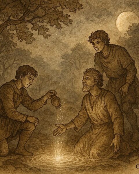 An illustration of two brothers using magical waters to heal their father, Serbian folktale scene.