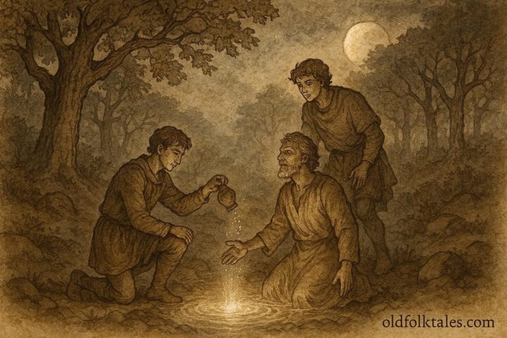 An illustration of two brothers using magical waters to heal their father, Serbian folktale scene.
