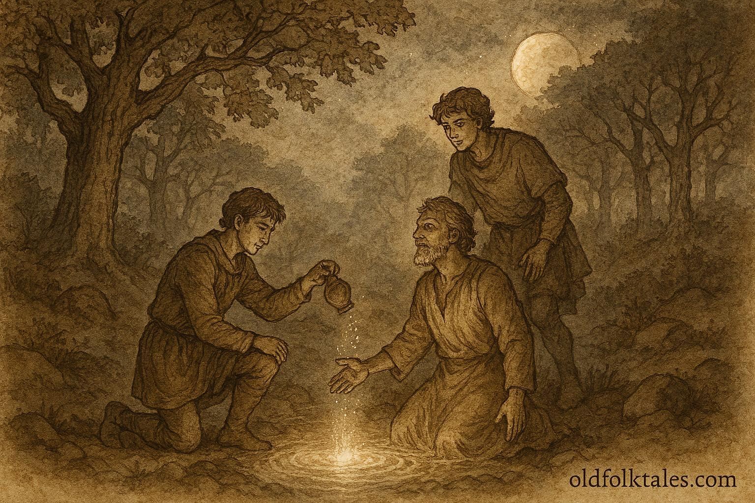 An illustration of two brothers using magical waters to heal their father, Serbian folktale scene.
