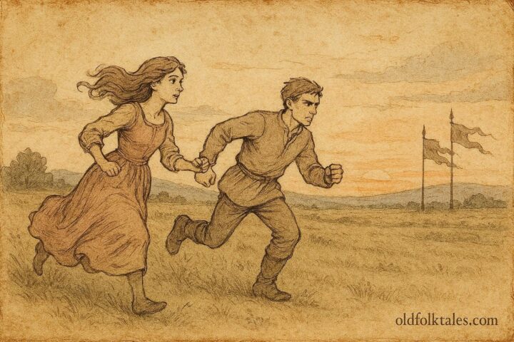 An illustration of a maiden racing a young man, Serbian folktale scene.
