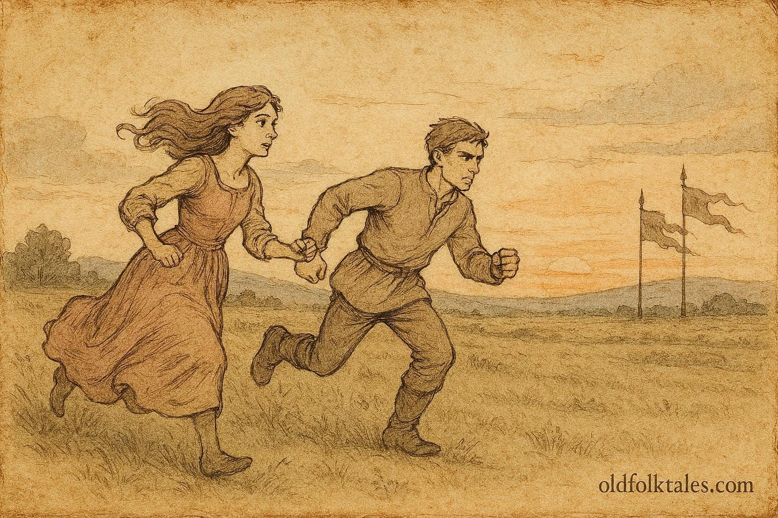 An illustration of a maiden racing a young man, Serbian folktale scene.