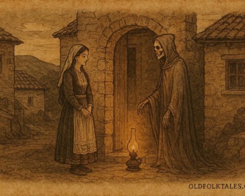 Parchment-style artwork of a maiden facing Death in a Kosovo Albanian folktale.