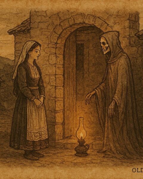 Parchment-style artwork of a maiden facing Death in a Kosovo Albanian folktale.