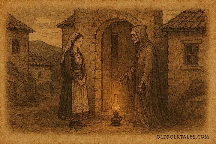 Parchment-style artwork of a maiden facing Death in a Kosovo Albanian folktale.