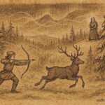 Parchment-style illustration of a young hero facing trials to win Pohjola’s maiden, Finnish folklore scene.