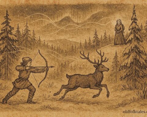 Parchment-style illustration of a young hero facing trials to win Pohjola’s maiden, Finnish folklore scene.