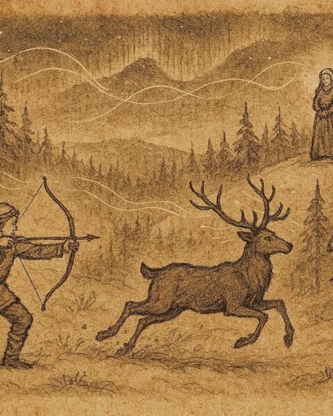 Parchment-style illustration of a young hero facing trials to win Pohjola’s maiden, Finnish folklore scene.