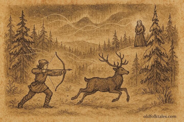 Parchment-style illustration of a young hero facing trials to win Pohjola’s maiden, Finnish folklore scene.