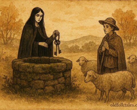 Parchment-style illustration of a Moura Encantada guarding a stone well in Portugal.