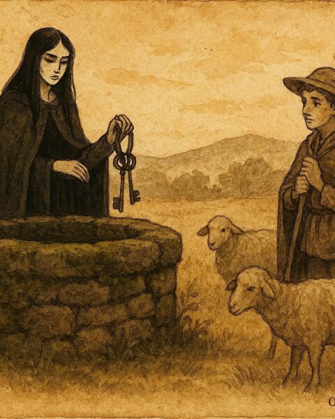 Parchment-style illustration of a Moura Encantada guarding a stone well in Portugal.