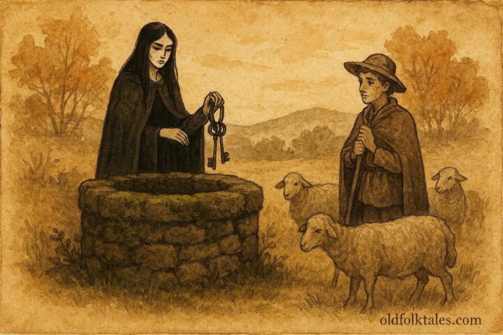 Parchment-style illustration of a Moura Encantada guarding a stone well in Portugal.