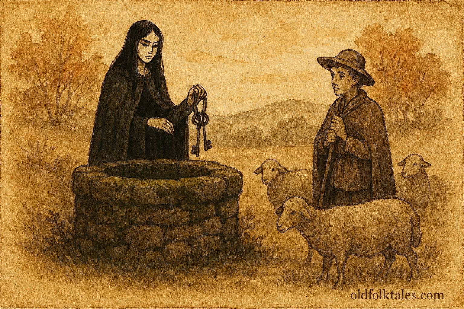 Parchment-style illustration of a Moura Encantada guarding a stone well in Portugal.